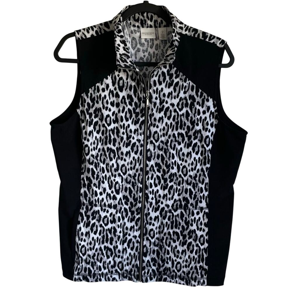 Chico’s Weekends Full Zip Vest Sz L Sleeveless Animal Print Lightweight Stretch